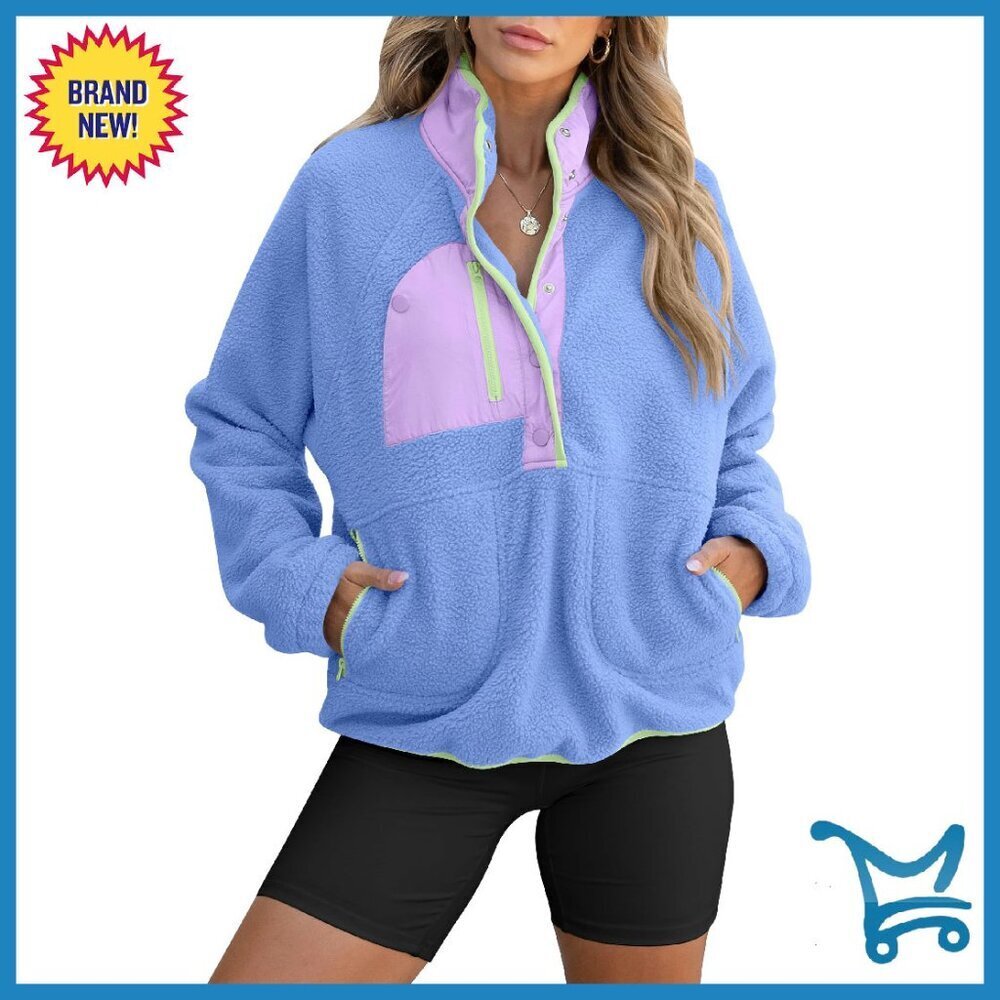 Fuzzy Fleece Pullover Sherpa Sweatshirt Button Down Jacket with Pockets
